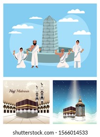 bundle of muslims persons in hajj mabrur travel scenes vector illustration design