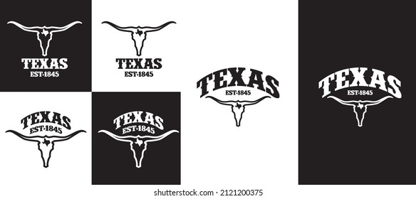 bundle name Texas with bull skelleton illustration feature with black and white color can be use on tshirt printing sourvenier food product label website template vector eps.