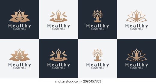 bundle nature yoga, healthy, tree, human logo design with golden color