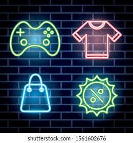 bundle of neon lights icons vector illustration design