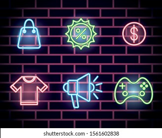 bundle of neon lights icons vector illustration design