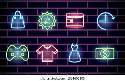 bundle of neon lights icons vector illustration design