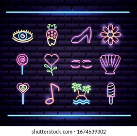 bundle of neon lights set icons vector illustration design