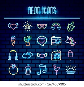 conjunto de iconos de conjunto de luces de neón ilustración vectorial diseño