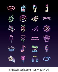 conjunto de iconos de conjunto de luces de neón ilustración vectorial diseño