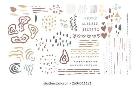 Bundle of neutral abstract organic shapes and lines isolate on white background. Earthy tones cutout elements collection for collages. Set of dots and strokes for modern design.
