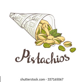 Bundle of newsprint with roasted pistachio nuts. Hand drawn vector poster