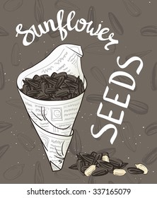 Bundle of newsprint with roasted sunflower seeds. Hand drawn vector illustration