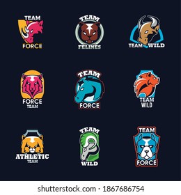 bundle of nine animals emblems icons and letterings in black background vector illustration design