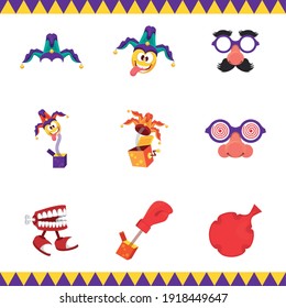 bundle of nine april fools day set icons vector illustration design