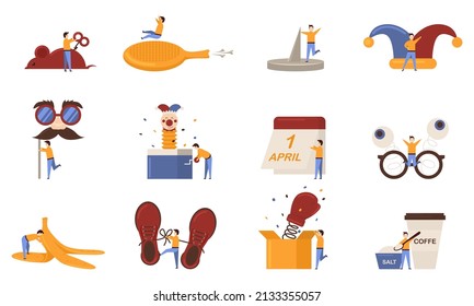 Bundle of nine april fools day set icons. Fools cap smile on spring. Funny glasses nose. April Fools Day lettering text for greeting card.