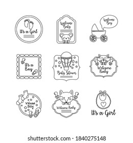 conjunto de nueve iconos de juego de ducha para bebés diseño de ilustración vectorial