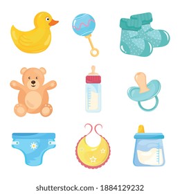 Bundle von neun Babyduschset-Symbolen Vektorgrafik-Design