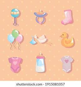 bundle of nine baby shower set icons vector illustration design