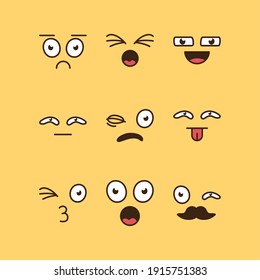 bundle of nine cartoon faces emoticons in yellow background vector illustration design