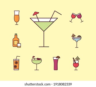 bundle of nine cocktails set icons in cream background vector illustration design