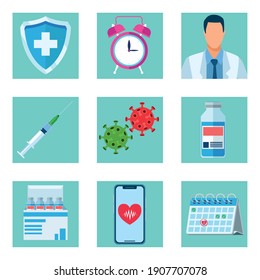 bundle of nine covid19 vaccine icons vector illustration design