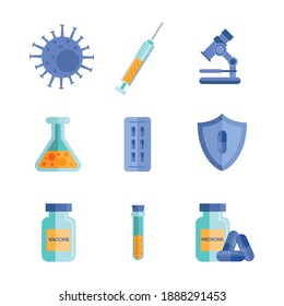 bundle of nine covid19 vaccine set icons vector illustration design