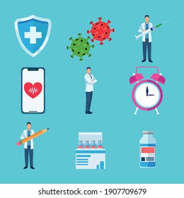 bundle of nine covid19 vaccine set icons vector illustration design