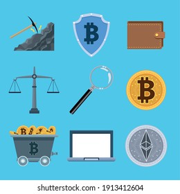 bundle of nine crypto currency set icons vector illustration design