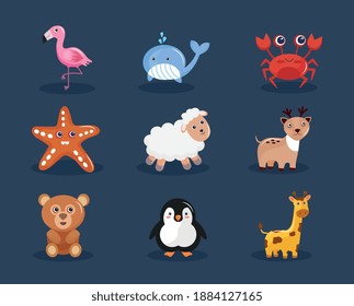 bundle of nine cute animals kawaii characters vector illustration design