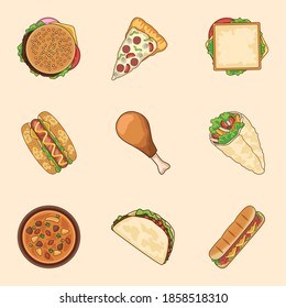 bundle of nine delicious fast food icon vector illustration design