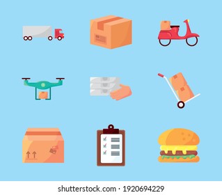 bundle of nine delivery service set icons vector illustration design