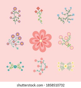bundle of nine flowers garden flat elements vector illustration design