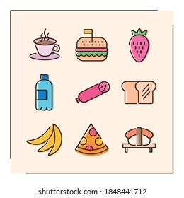 bundle of nine food set icons in red background vector illustration design