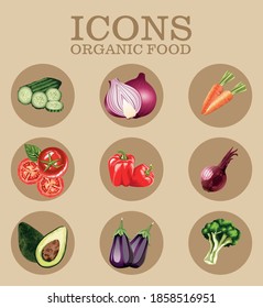 conjunto de nueve iconos de verduras frescas diseño vectorial