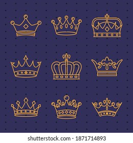 bundle of nine golden crowns royal line style icons vector illustration design