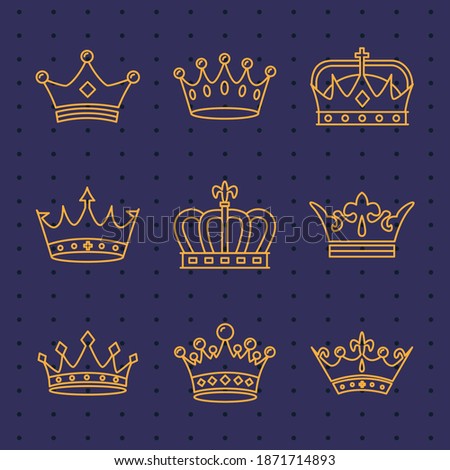 bundle of nine golden crowns royal line style icons vector illustration design