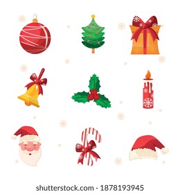 bundle of nine happy merry christmas icons vector illustration design