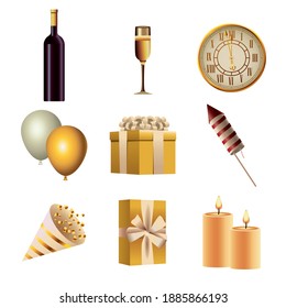 Paket von neun glücklichen neuen Jahr Set-Icons Vektorgrafik Design