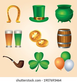 bundle of nine happy saint patricks day icons vector illustration design