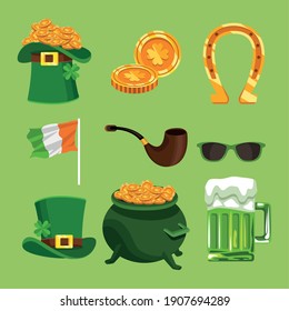 bundle of nine happy saint patricks day icons vector illustration design