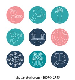 Paket mit neun Set-Icons für Menschenrechtslinien Vektorgrafik-Design