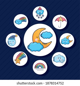 bundle of nine kawaii weather characters around in blue background vector illustration design