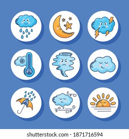 bundle of nine kawaii weather comic characters vector illustration design