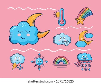 bundle of nine kawaii weather comic characters in pink background vector illustration design