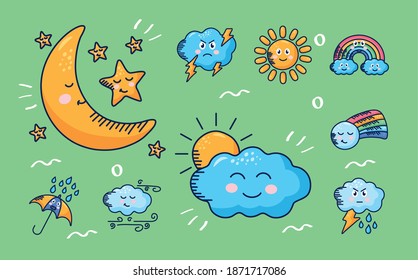 bundle of nine kawaii weather comic characters in green background vector illustration design