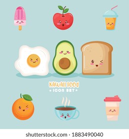 bundle of nine kiut food kawaii characters and lettering vector illustration design