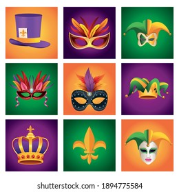 Paket mit neun Mardi Gras-Karneval-Set-Symbolen Vektorgrafik-Design