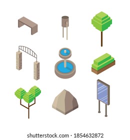 bundle of nine park Isometric style icons vector illustration design