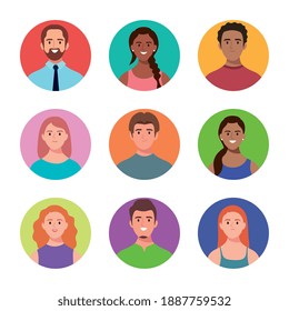 bundle of nine persons avatars characters vector illustration design