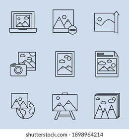 bundle of nine pictures with differents scenes line style set icons vector illustration design