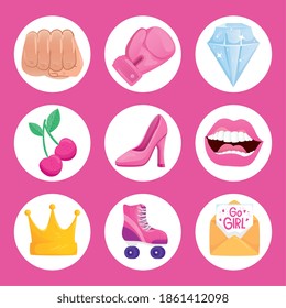 conjunto de nueve iconos de grupo de niñas de potencia diseño de ilustración vectorial