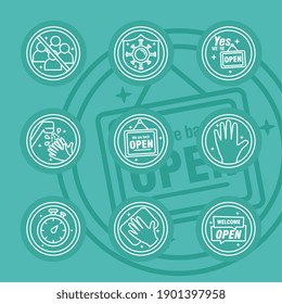 bundle of nine reopening labels set line style icons vector illustration design