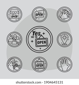 bundle of nine reopening labels set line style icons in gray background vector illustration design