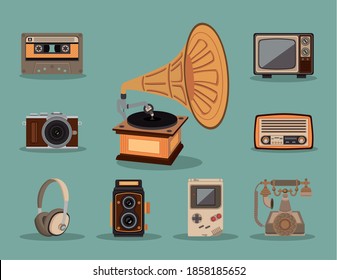 bundle of nine retro set gadgets vector illustration design